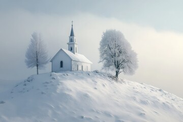 Serene Winter Chapel: A charming, quaint chapel sits atop a snow-covered hill, flanked by frosted trees under a misty, overcast sky, evoking a sense of peace and tranquility.