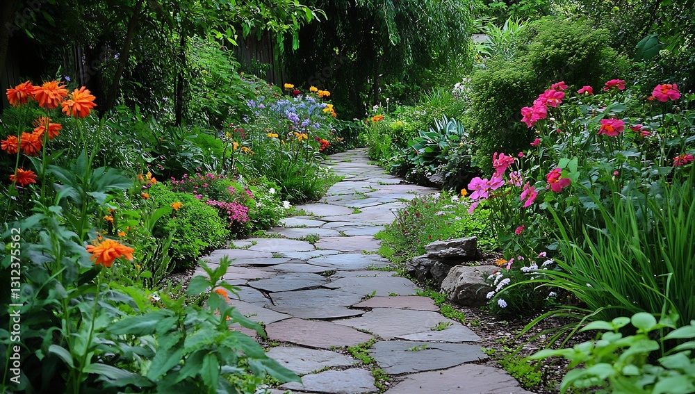 Poster serene garden pathway surrounded by vibrant flowers and lush greenery in springtime setting : genera