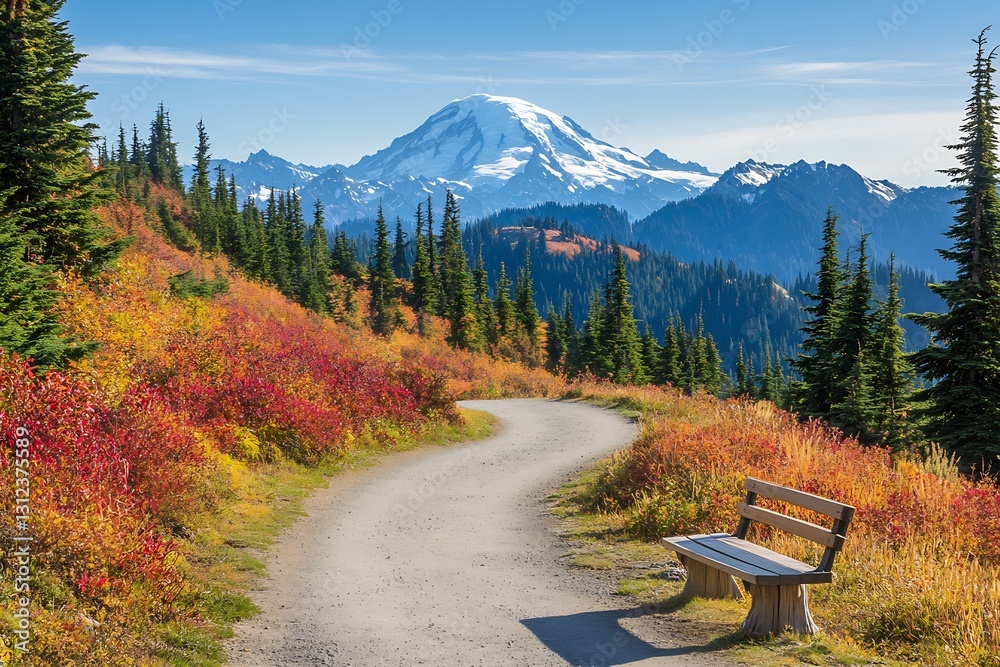Poster picturesque autumn landscape featuring a twisting path and a bench with mount rainier in the distanc