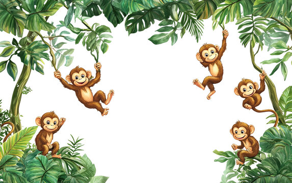 A Group of Energetic Monkeys Swinging Effortlessly Through the Jungle Trees Isolated on transparent background PNG