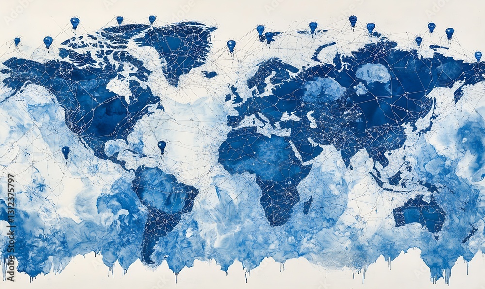 Leinwandbilder artistic blue world map featuring connection points and unique design elements for travel enthusiast