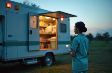 Mobile health unit provides healthcare to marginalized people. Female doctor near outreach service RV car with medicines at night. Medical assistance ensures equity, addresses population health in