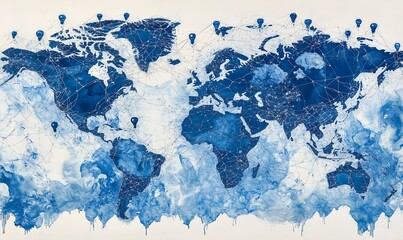 Fototapeta premium Artistic Blue World Map Featuring Connection Points and Unique Design Elements for Travel Enthusiasts : Generative AI