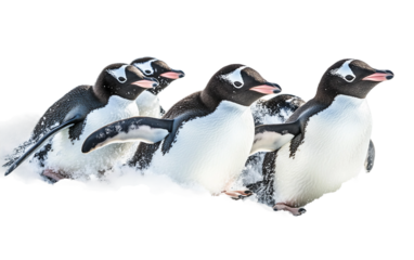 Adorable Penguins Having Fun Gliding on the Frozen Landscape Together Isolated on transparent background PNG