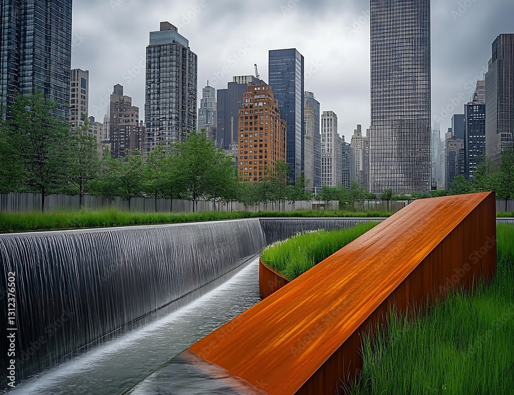 Poster dynamic water feature with green surroundings and urban elements in cityscape : generative ai