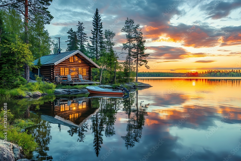 Poster charming waterside cabin at dusk with stunning reflections in the still lake : generative ai