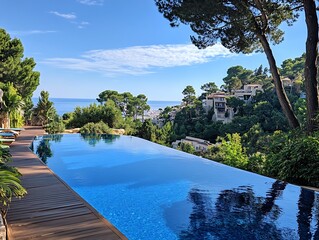 Obraz premium Stunning infinity pool overlooking a beautiful natural landscape with clear blue skies and lush greenery : Generative AI