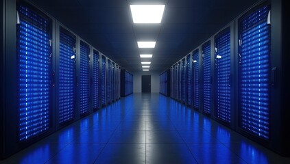 Vast server room illuminated by blue lights, showcasing rows of data cabinets with glowing panels, emphasizing technology and digital connectivity