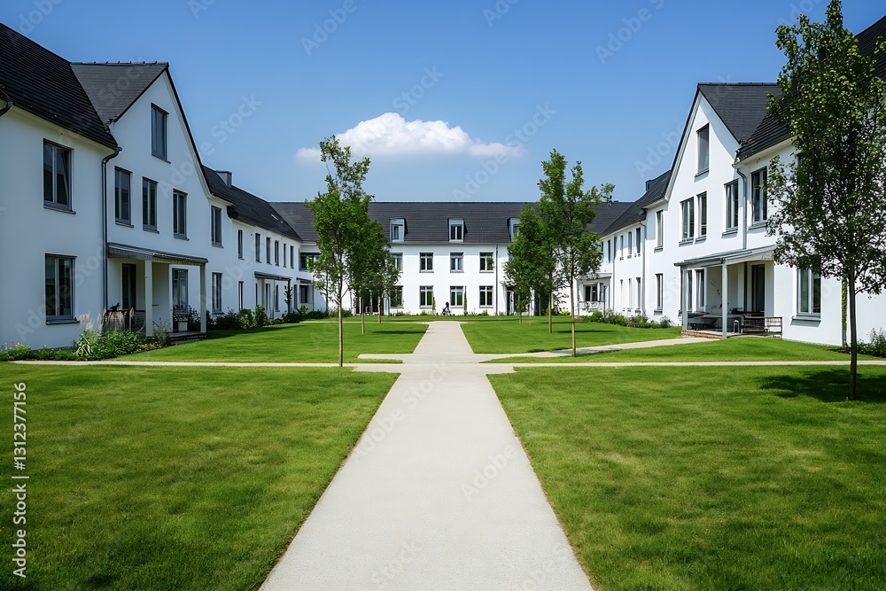 Poster Elegant architecture of a modern residential area with lush greenery and pathways under blue sky : Generative AI