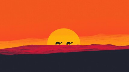 Obraz premium Two camels traverse the vast desert as a brilliant sunset casts vibrant colors across the sky and dunes, creating a picturesque and tranquil atmosphere