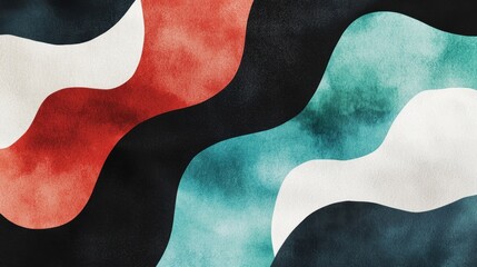 Obraz premium This artwork showcases flowing shapes and vibrant colors that blend harmoniously. The wavy design features red, teal, white, and black, evoking a sense of motion