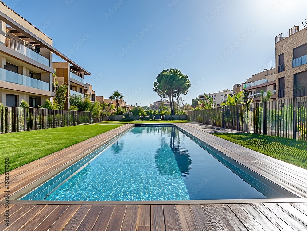 Poster Stylish Pool with Natural Wooden Deck Set Against a Backdrop of Modern Architecture : Generative AI
