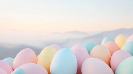 Soft pastel colors Easter eggs, mountain view, landscape, Easter postcard 