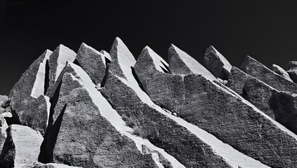  A rugged rock face displays dramatic angular formations with sharp edges and deep crevices.