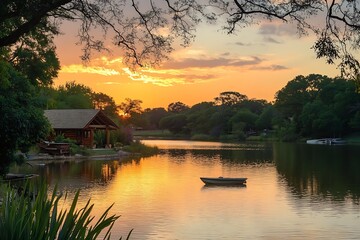 Fototapeta premium Charming river sunset highlighting a rustic lodge and small boat surrounded by vibrant greenery in peaceful settings : Generative AI