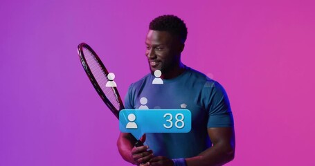 Holding tennis racket, man with animation of social media icons on purple background - Powered by Adobe