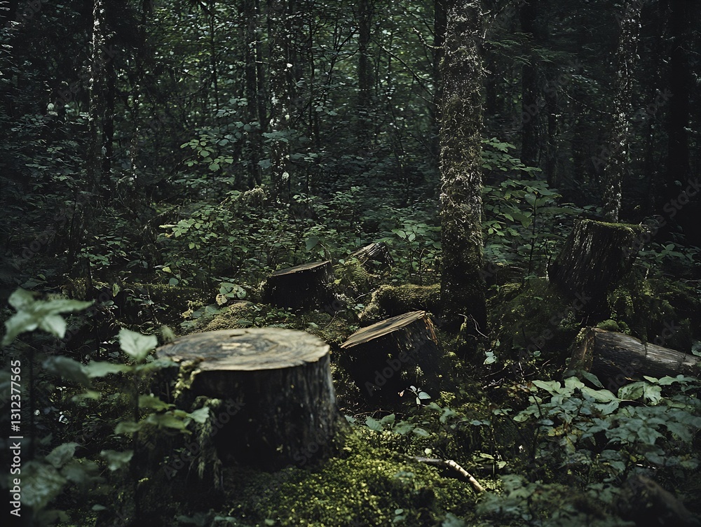Poster a dense and shadowy forest displaying the beauty of tree stumps covered in lush greenery and moss : 