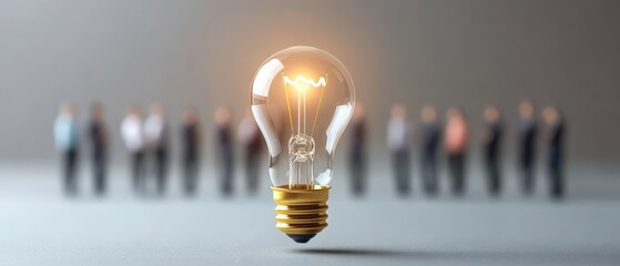 Bright light bulb in foreground with group of people engaged in conversation in a cozy indoor setting