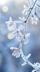 frost-kissed cherry blossom branches in winter with delicate white petals lightly covered in frost against a soft blue bokeh background, creating a dreamy and tranquil atmosphere, concept of nature