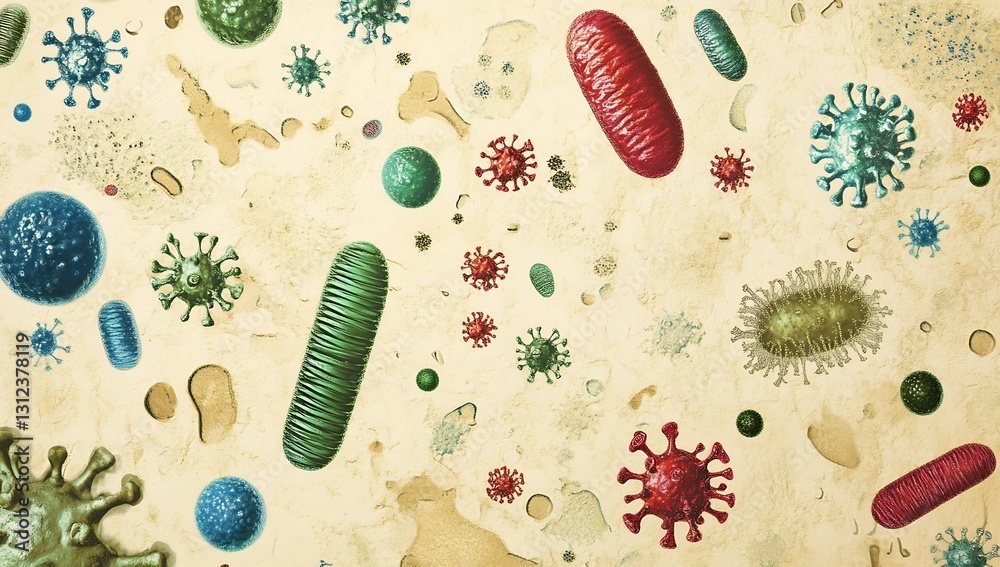 Poster Colorful Microorganisms and Bacteria Illustration Showing Diverse Types and Shapes in a Scientific Style : Generative AI