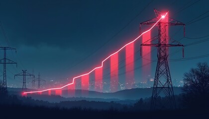 Line graph over power lines shows rise of energy consumption. Electric tower, pylon at night. Growing electricity demand. Graph highlights increasing power usage, resources. Energy crisis,