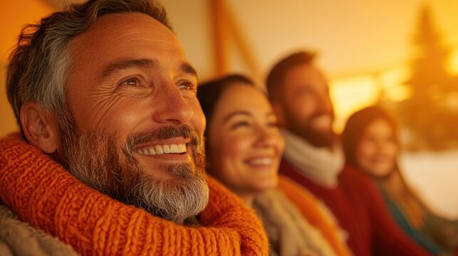 capture multicultural family gathered in warmly lit living room with smiling faces celebrating togetherness