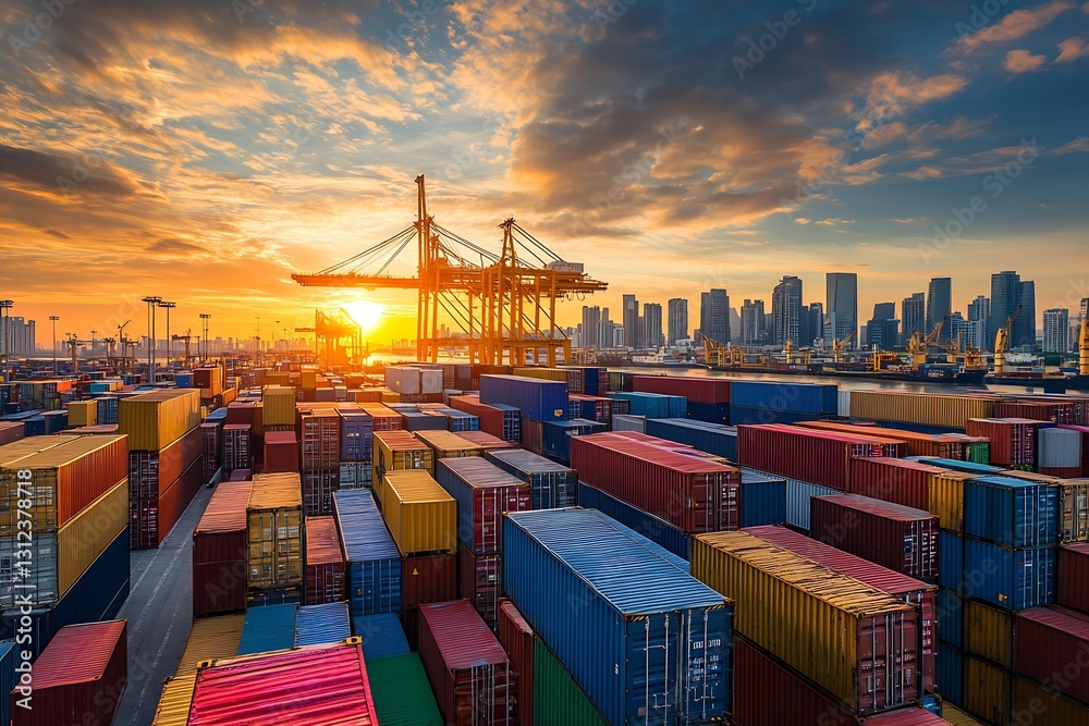 Poster Breathtaking Sunset Over a Busy Shipping Port with Colorful Container Stacks and Urban Skyline : Generative AI
