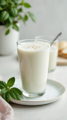 "Glass of milk with cinnamon on top"