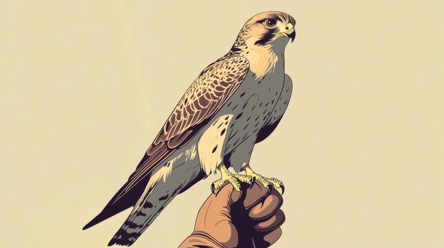A falcon sits confidently on the gloved hand of a falconer during twilight, exemplifying the deep connection between the bird and its handler in the art of falconry