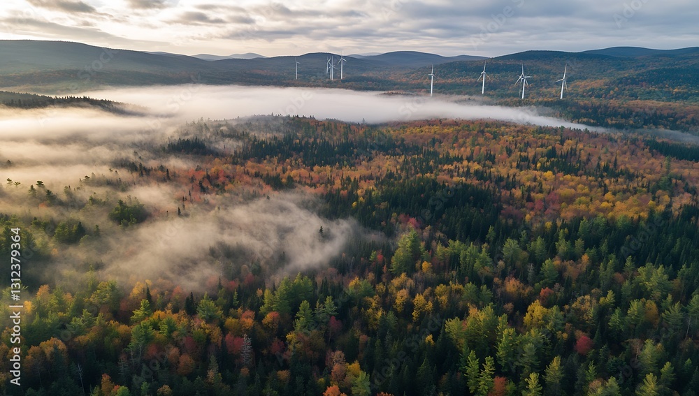 Poster picturesque fall landscape with wind turbines and mist highlighting colorful foliage in forest : gen