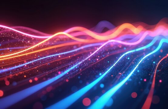 Vibrant colorful optic fiber cables form neon waves. Abstract 3d AI design with glowing colored streams. Represents information optical connection, modern web data tech.