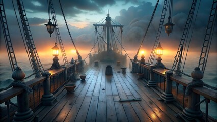 Fototapeta premium Misty pirate ship deck at sunset with glowing lanterns and dramatic clouds in the background 