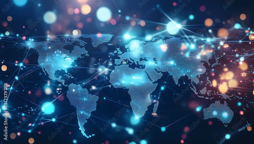 Poster stunning world map in a digital landscape with vibrant lights depicting connectivity and data : gene