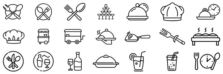 Catering line icon set. including fork, spoon, knife, plate, food tray, chef hat, beverage, food, dining table . Cutlery or tableware in restaurant outline icon
