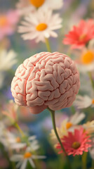 Pink human brain model amidst blurred daisies, representing mind's connection to nature, mental wellbeing, or cognitive growth