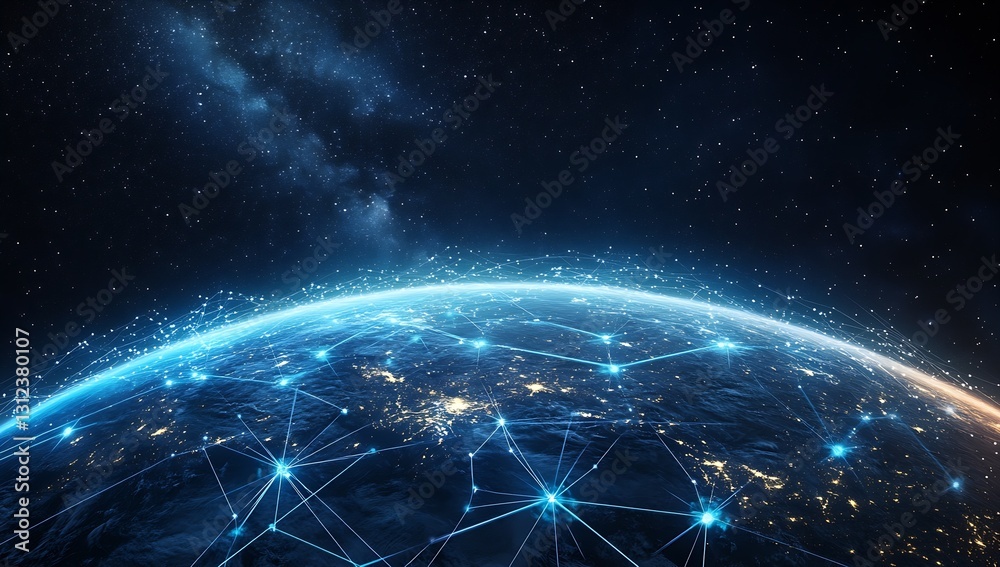 Poster Dynamic visual of Earth showcasing a glowing network of light connections against the cosmos : Generative AI