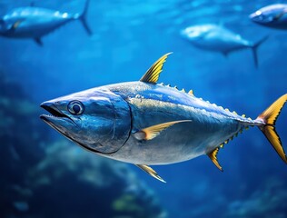 Vibrant Bluefin Tuna Swimming Gracefully in Clear Ocean Waters, Showcasing Stunning Colors and Fins Underwater with Other Fish in Background