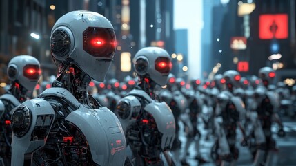 Fototapeta premium A line of humanoid robots stands on a busy city street at dusk, their glowing red eyes contrasting against the twilight