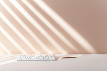 close-up of minimalist workspace with keyboard and pen placed on clean desk