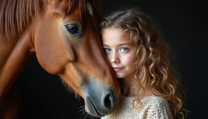 Close-up of horse with blonde curly hair girl embrace on black background. Friendship between domestic animal, child. Bond, love concept. Human, equine face touch in tender moment. Focus on child