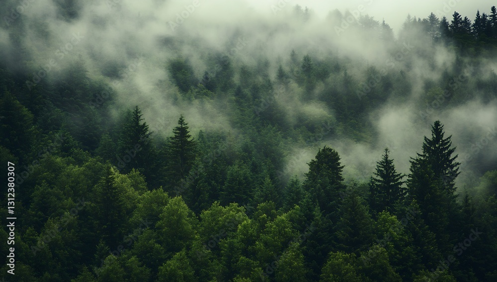 Poster Enchanted forest scene with mist and lush greenery creating a magical and calm atmosphere : Generative AI