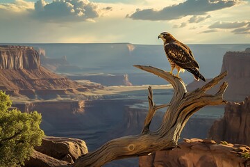 Fototapeta premium Stunning hawk perched on a tree branch with a breathtaking canyon landscape behind : Generative AI