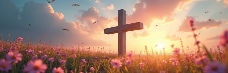 Wooden christian cross on spring flower field with cloudy sky at sunrise. Religious symbol of faith, love, hope and sacrifice. Easter, Good Friday concept. Birds fly in heaven.