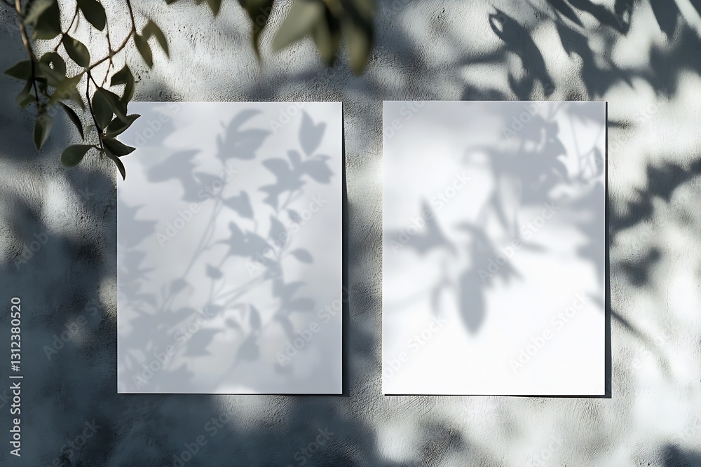 Aufkleber sophisticated look at empty white panels adorned by delicate shadows from leaves on a minimalist wal