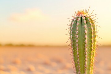 Naklejka premium close-up of isolated cactus silhouetted against cloudless sky in arid expanse of sun-bleached desert highlighting its