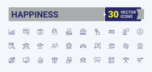 Happiness vector icon set. Related to service, user, satisfaction, testimonial, success, document and more. UI icon set in a thin design. Editable stroke. Vector collection.