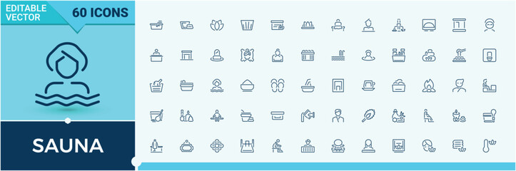 Sauna icon pack. Contain linear outline icons steam, bath, birch whisk, thin, electric kettle, teapot, sauna mittens, hygiene. Outline icon collection. Editable vector illustration.