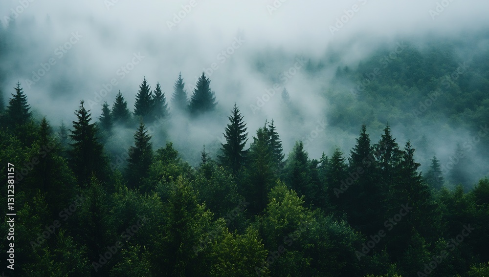 Aufkleber misty forest scene with dense greenery and tranquil fog covering trees : generative ai