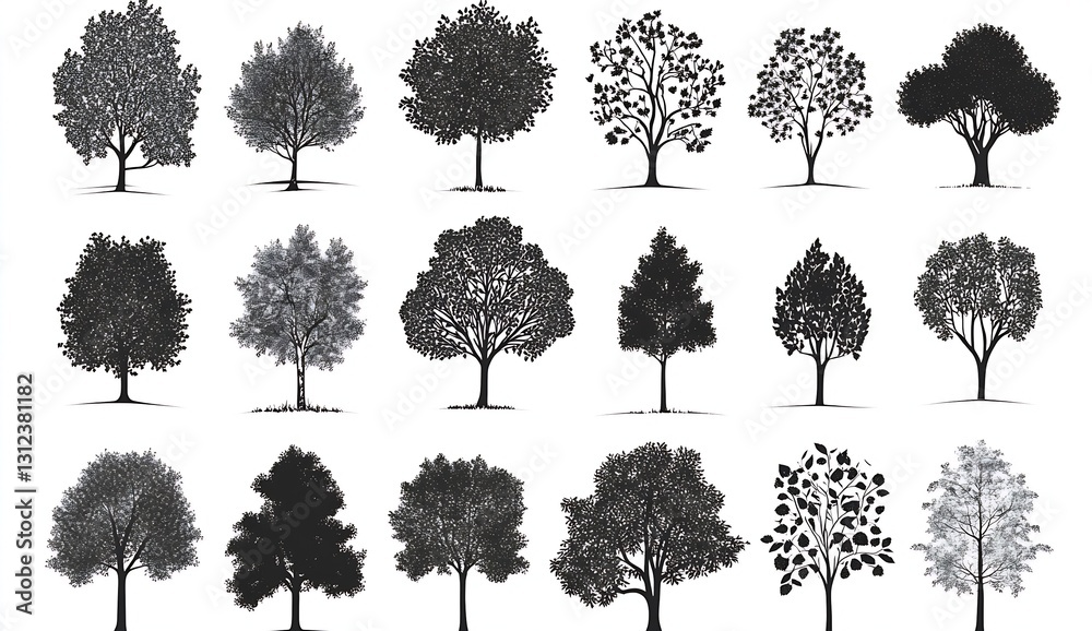 Poster Diverse Selection of Trees in Various Stages of Foliage and Shades Captured in a Black and White Format : Generative AI