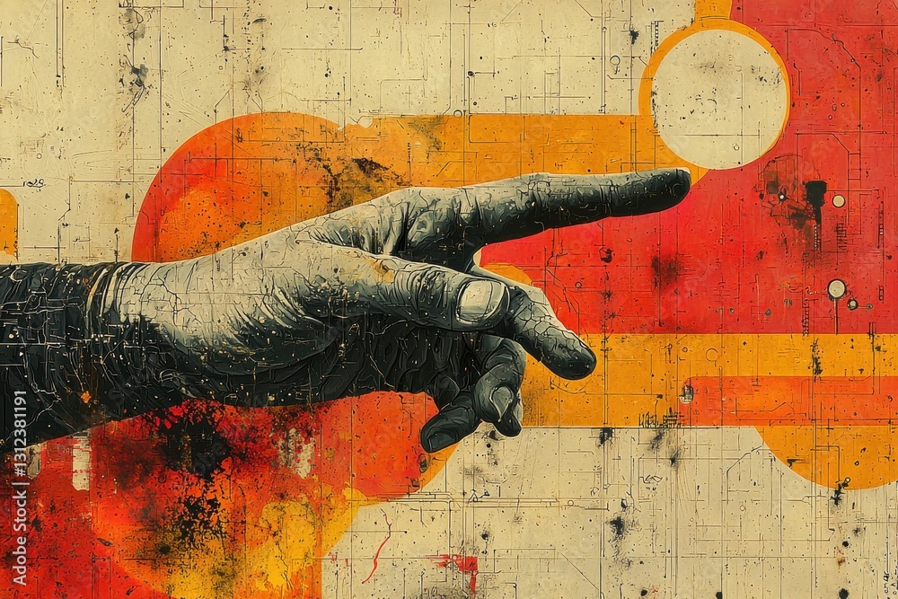 Poster hand reaching towards a circular object against a colorful industrial background
